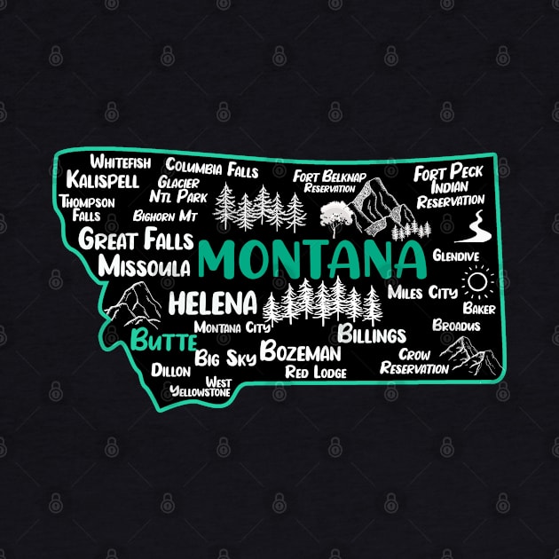 Cute map of Butte Montana, Helena, Missoula, Great Falls, Bozemian, Kalispell, Big Sky by BoogieCreates